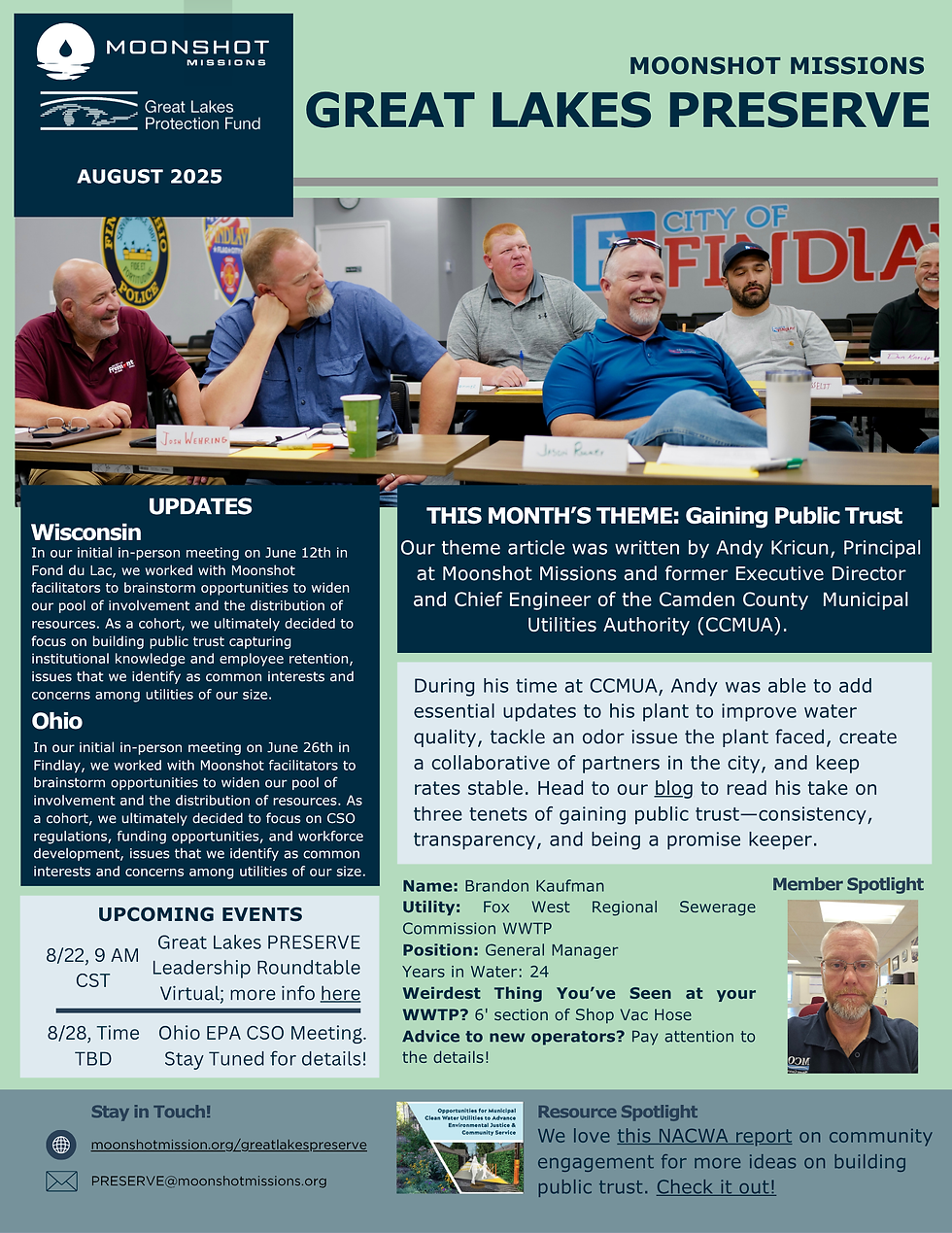 Links Listed: 8/22 Roundtable: https://www.moonshotmissions.org/greatlakespreserve/event-details/great-lakes-preserve-leadership-rountable Theme Article: https://www.moonshotmissions.org/greatlakespreserve/post/building-public-trust-with-andy-kricun NACWA Resource: https://www.nacwa.org/docs/default-source/news-publications/White-Papers/ej-compendium.pdf?sfvrsn=2 